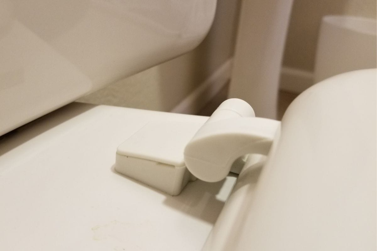 close-up of toilet seat hinge