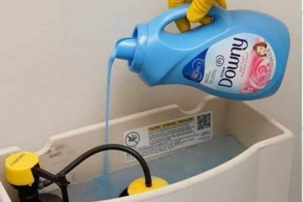 pouring fabric softener in toilet tank