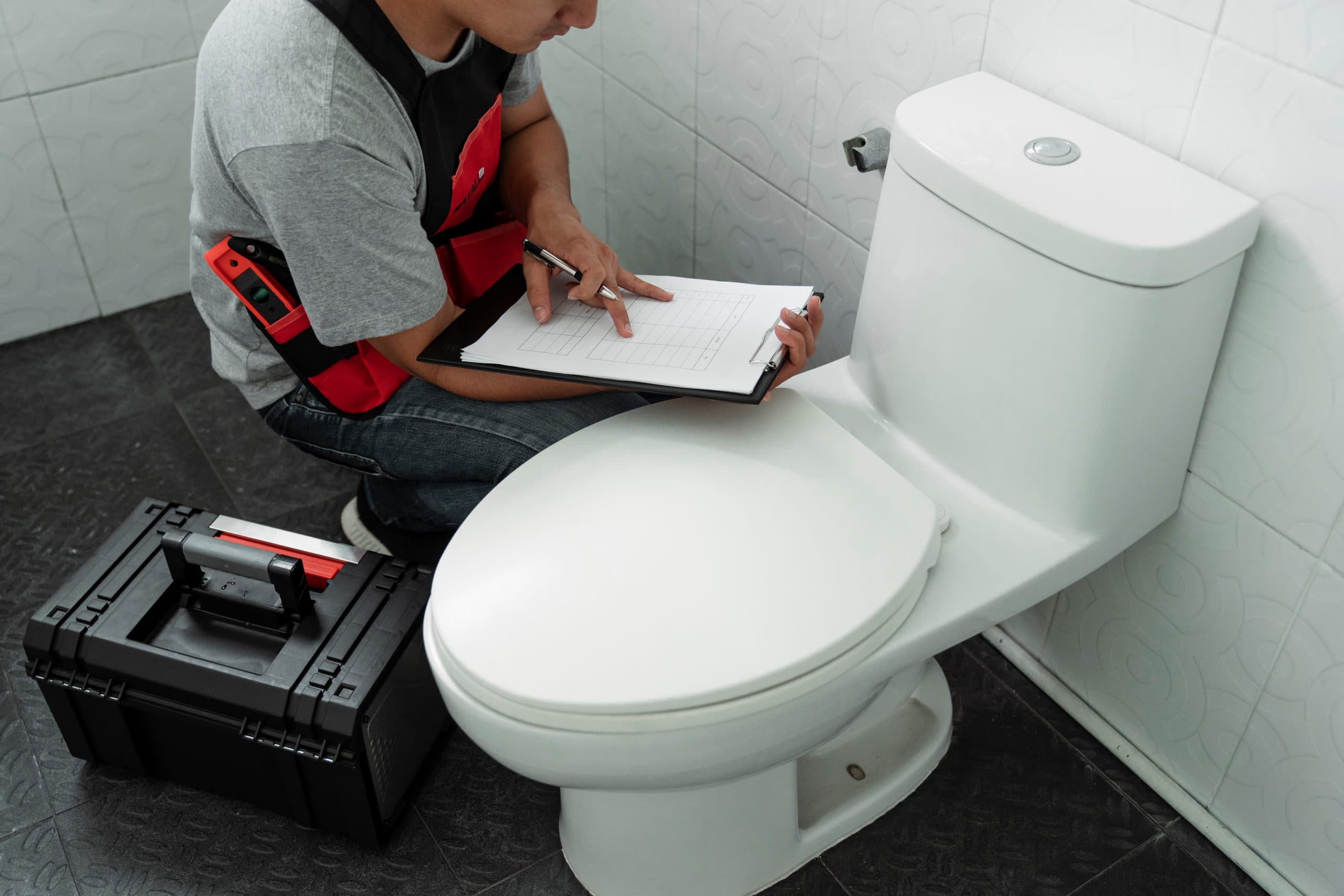 Handyman trying to find leaking spot in lavatory and write it on paper.