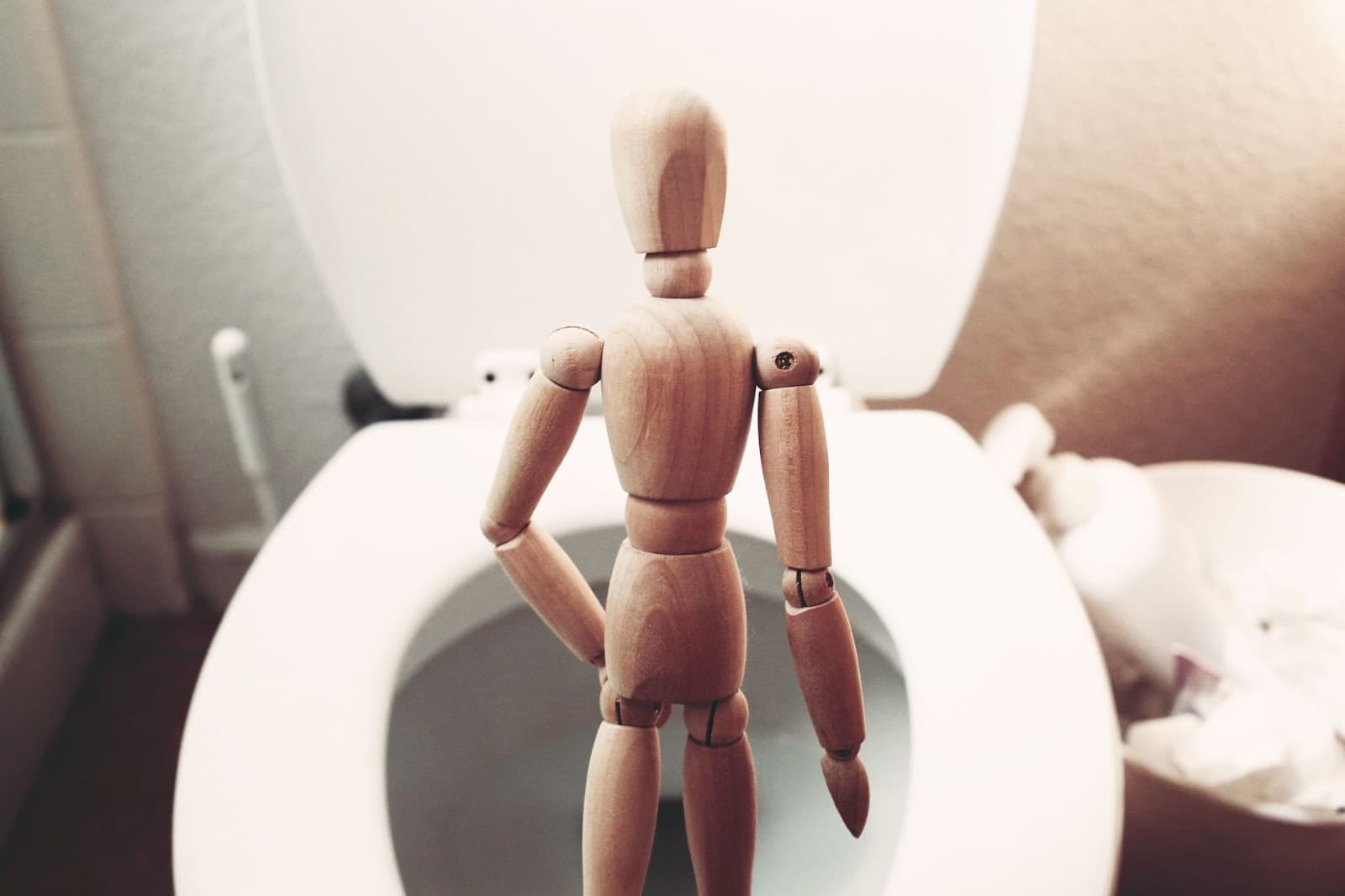 wood toy infront of a toilet