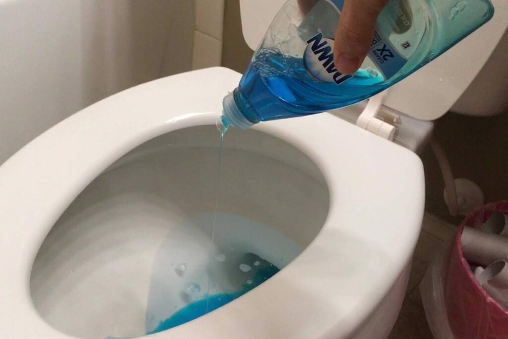 pouring dawn dish soap in toilet bowl
