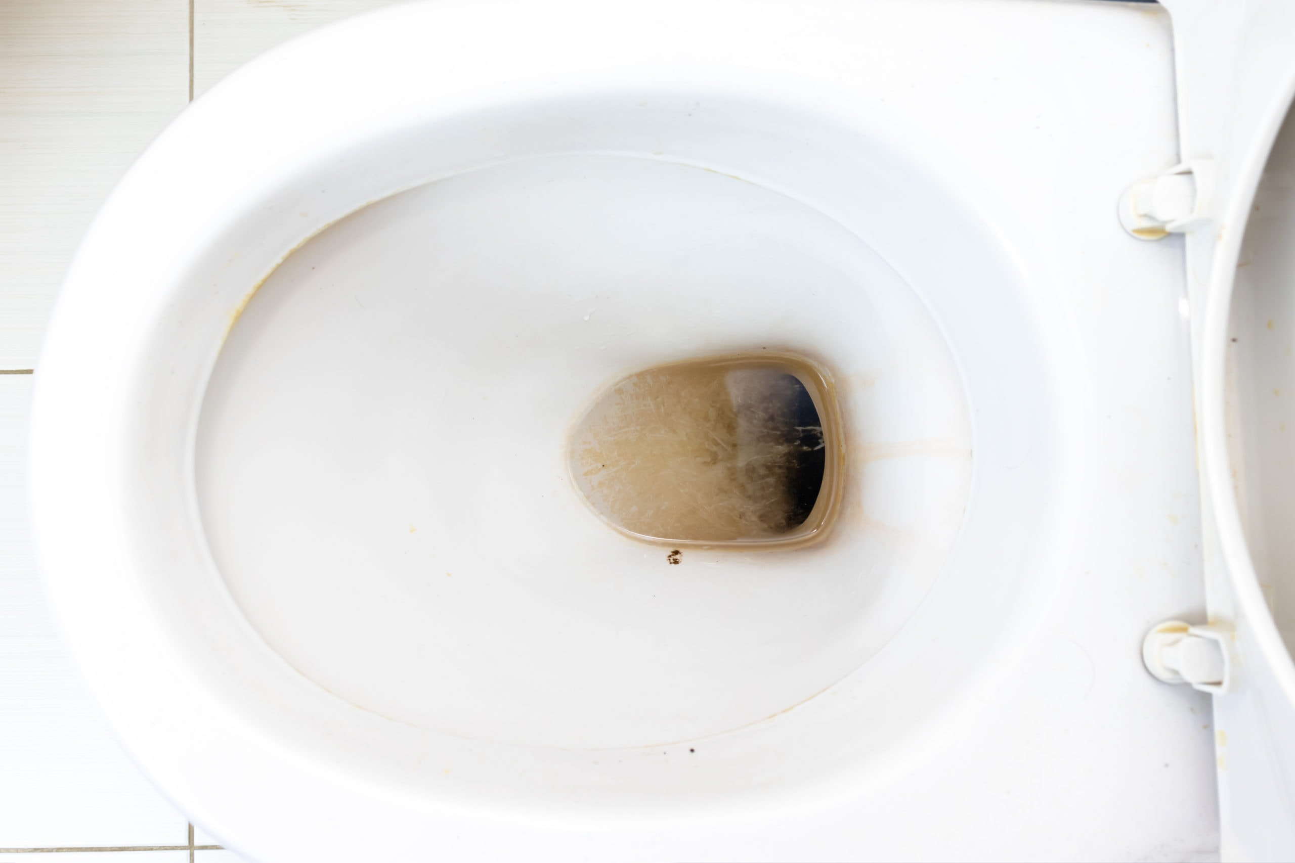 Dirty unhygienic toilet bowl with limescale stain.
