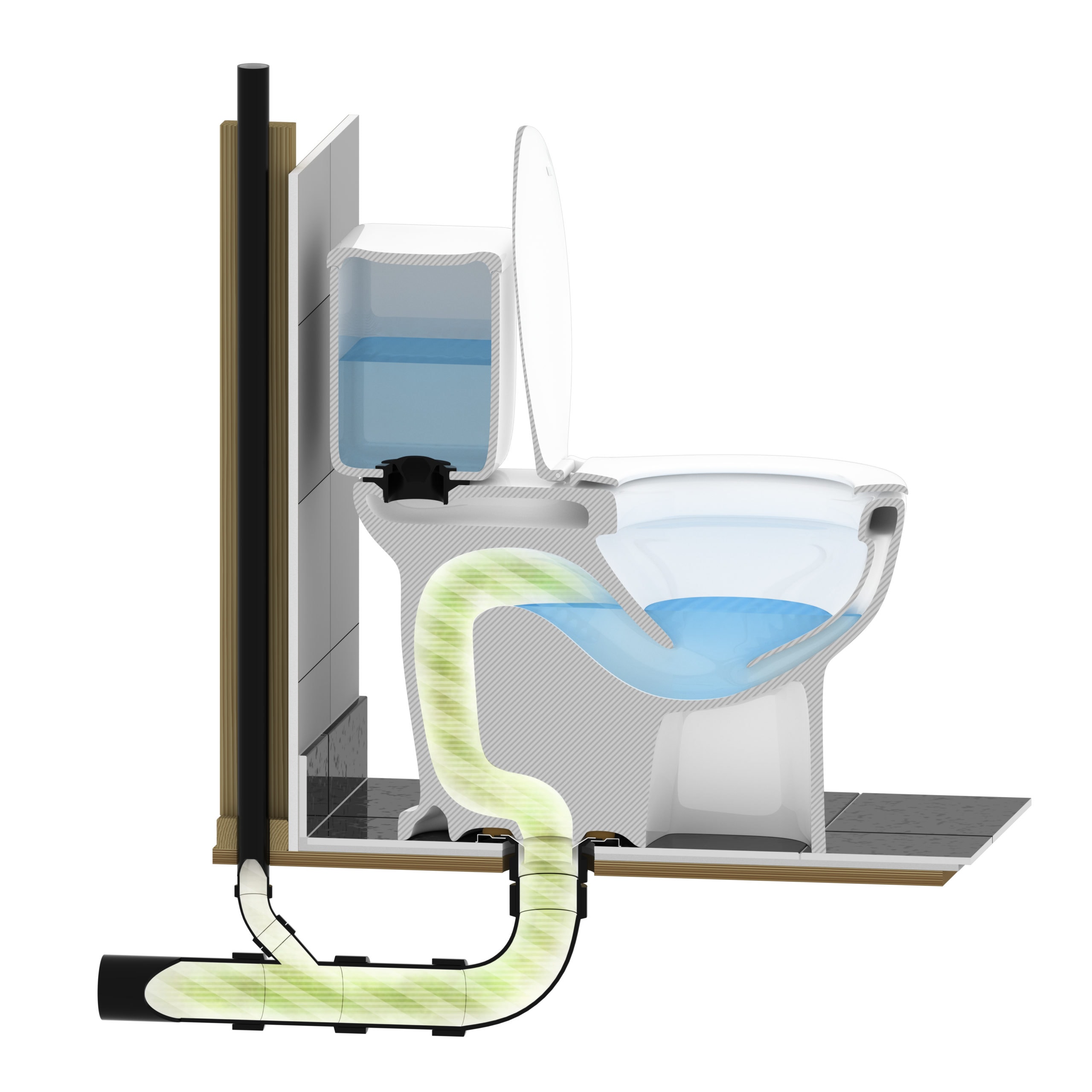 Cutaway illustration showing sewer gas contained within waste and roof vent pipes by water in toilet trap