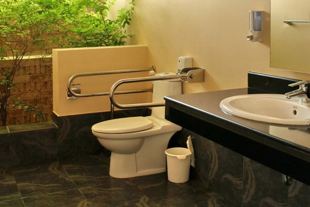 ADA toilet with handrails, low sinks and easier access