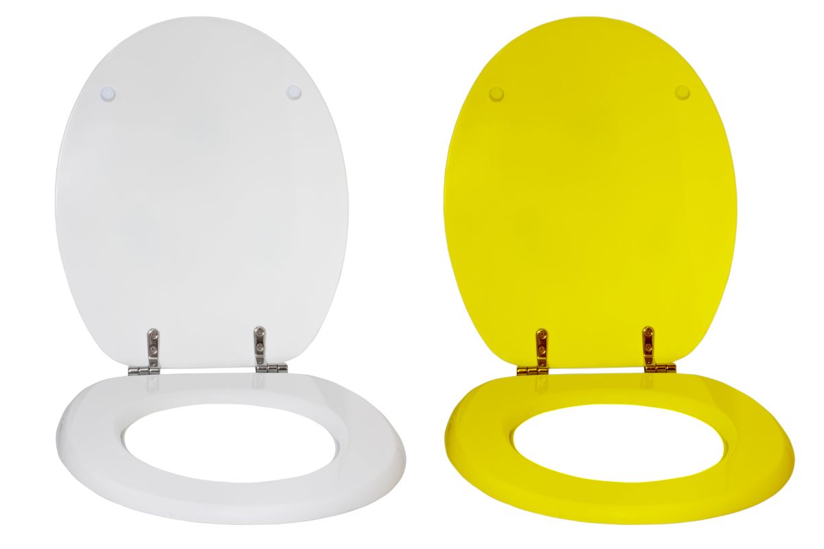 a white and a yellow toilet seat