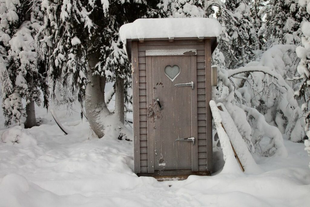 a toilet in a forest full of snow