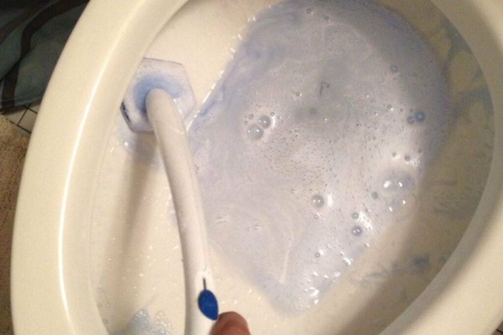 cleaning the toilet using a brush and toilet bowl cleaner