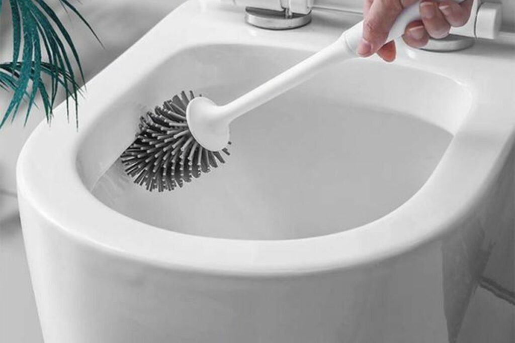 cleaning the toilet using a brush