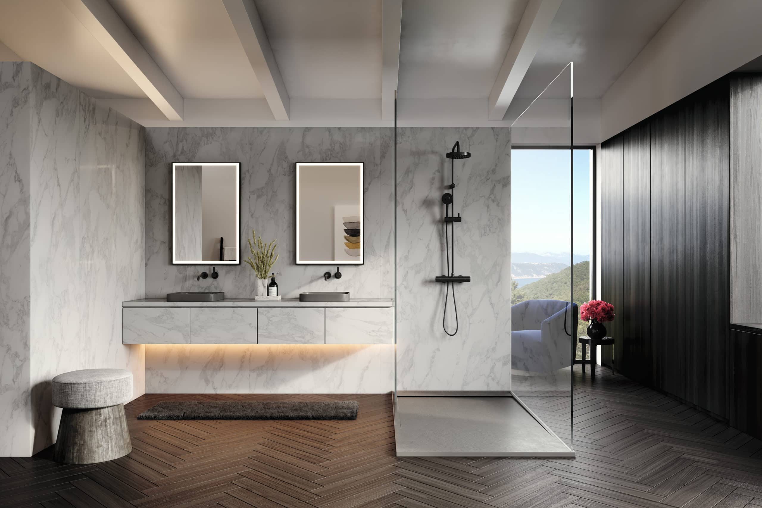 a modern bathroom with black cast iron shower pan