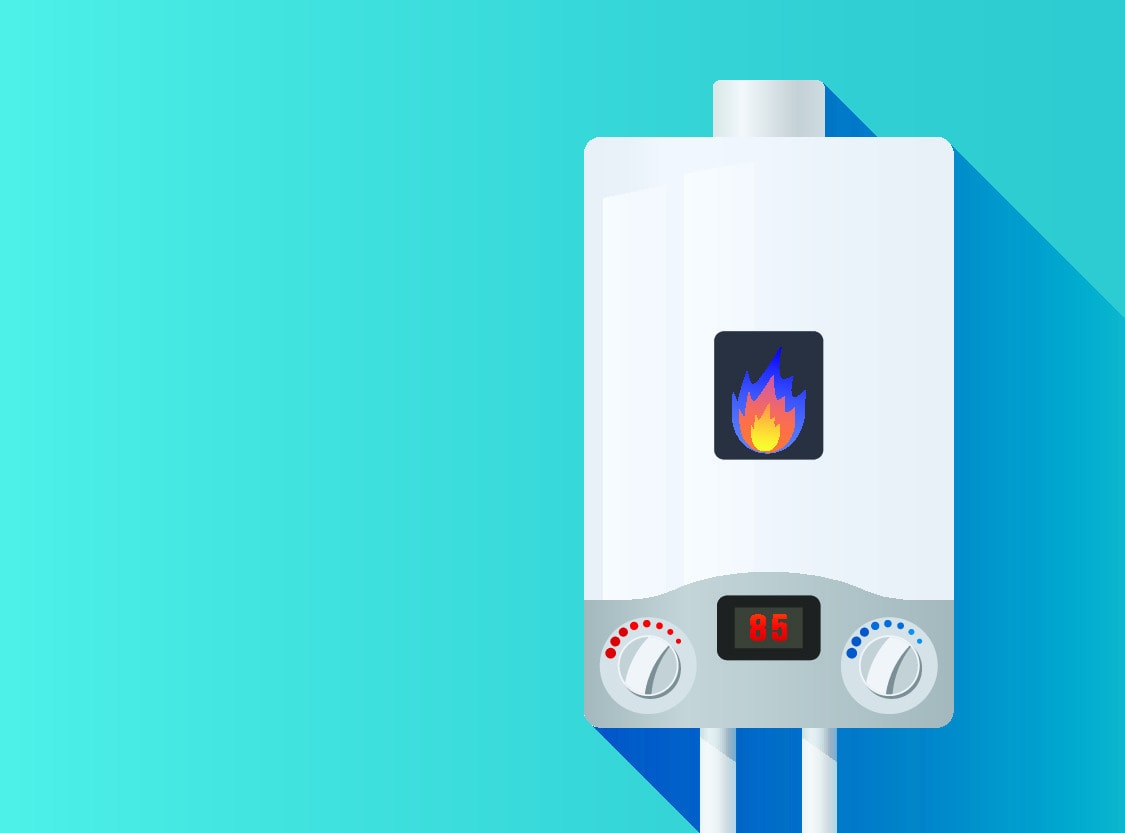 Gas boiler with a burning fire on a blue background. Heated gas boiler.