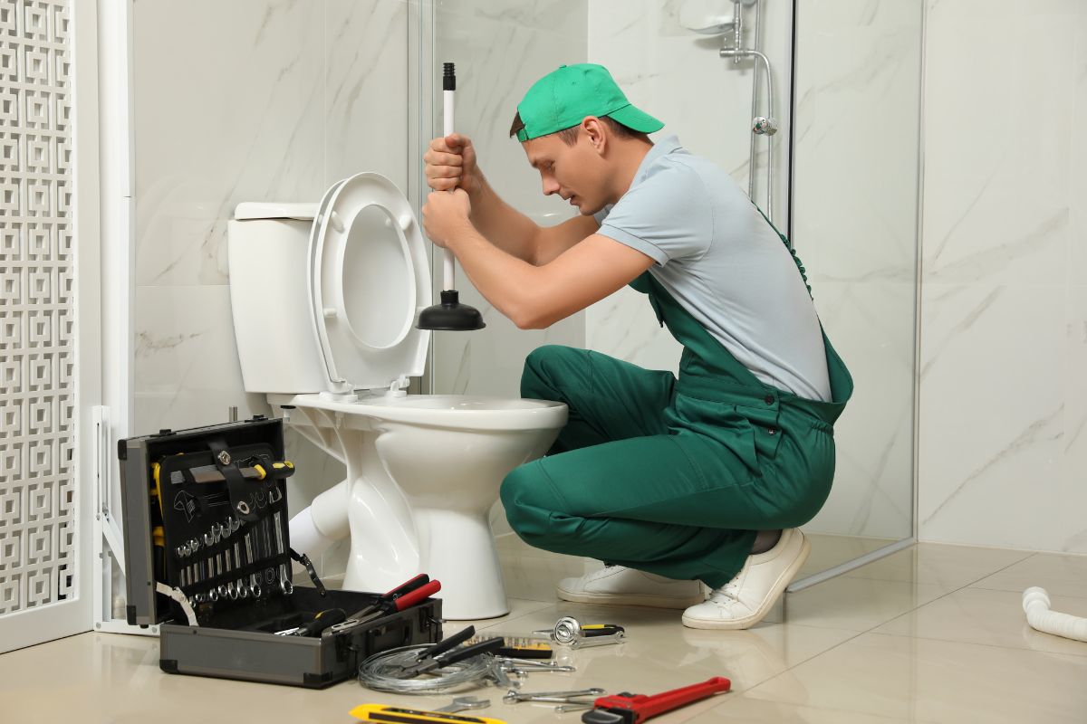 a plumber is fixing the toilet